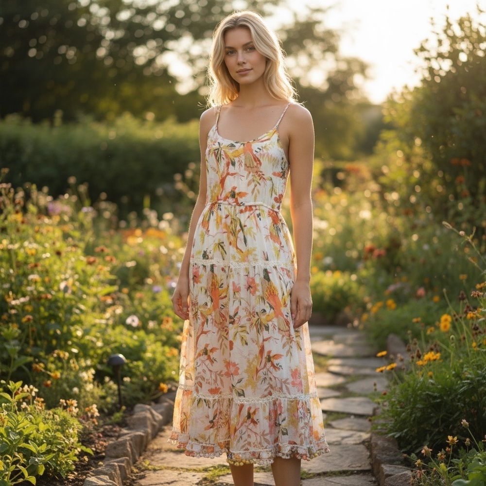 Ranee's Tropical Tiered Dress Size Large/XL White Floral Sz S/M